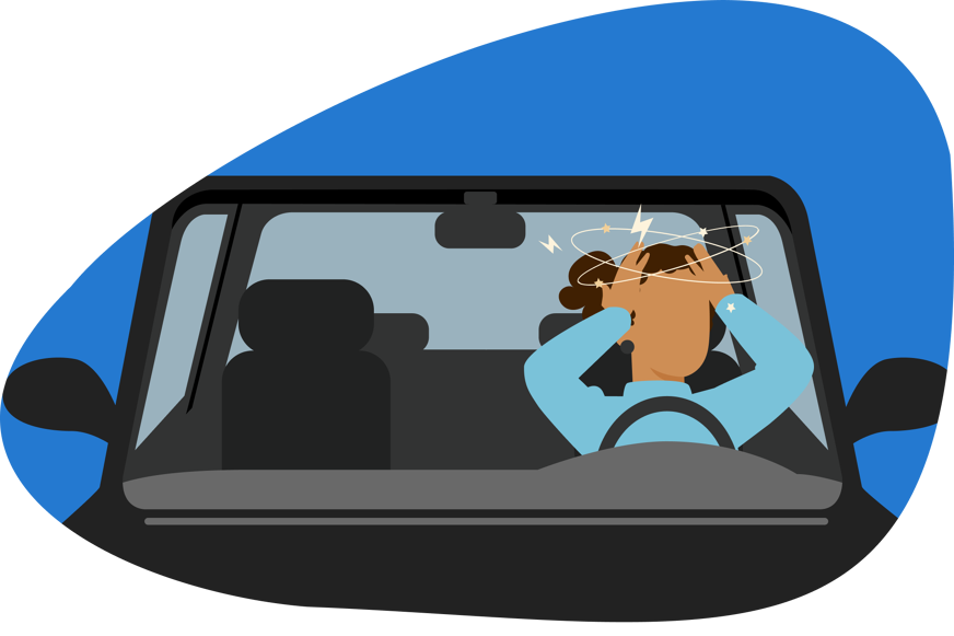 Desenho de mulher no carro, dirigindo, porém confusa/com tonturas.